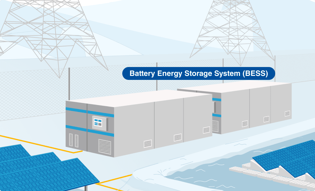 Illustration of a battery energy storage system next to solar panels. 